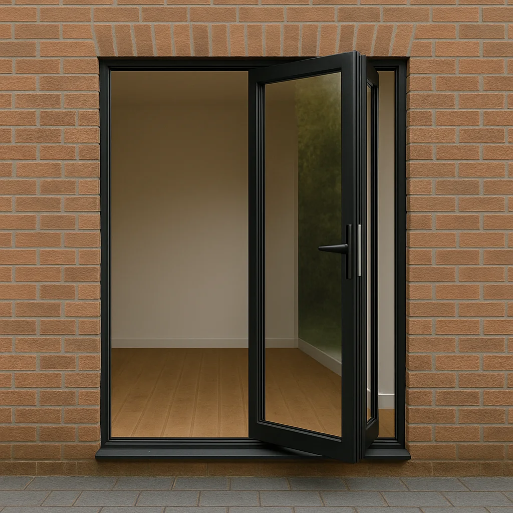 Slim-frame aluminium bifold doors for home extension — anthracite grey, opening fully to the garden