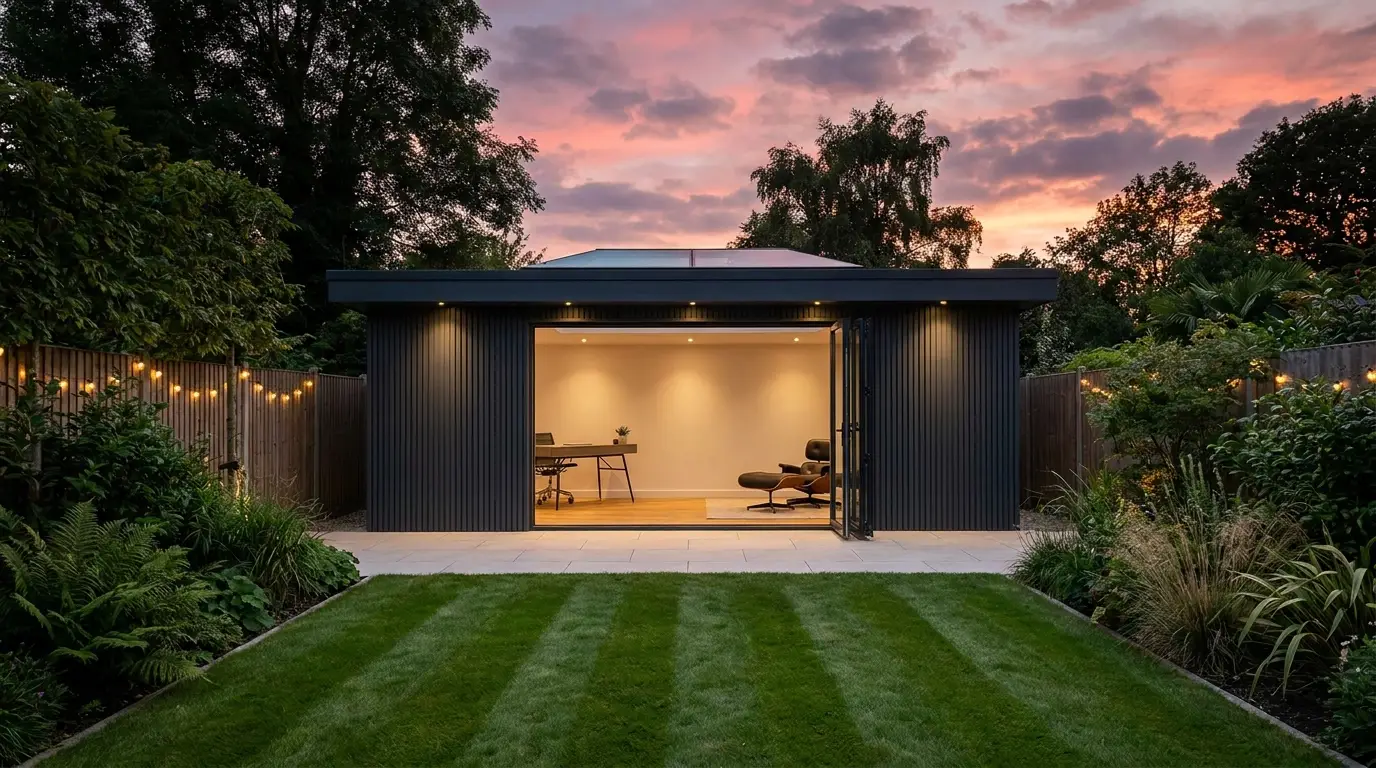 A British-made Betta Space garden room at dusk with open aluminium bifold doors and a warm plastered interior