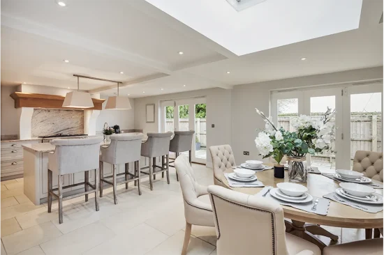 Large glazed extension with aluminium bifold doors and vaulted ceiling